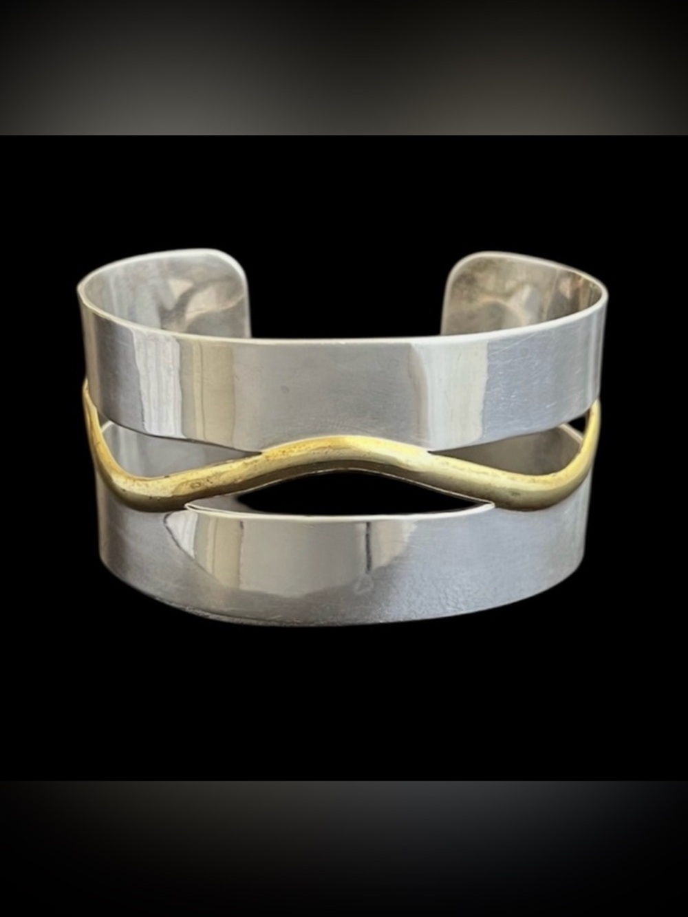 Vintage Taxco Mexico wide sterling silver cuff bracelet with brass accent